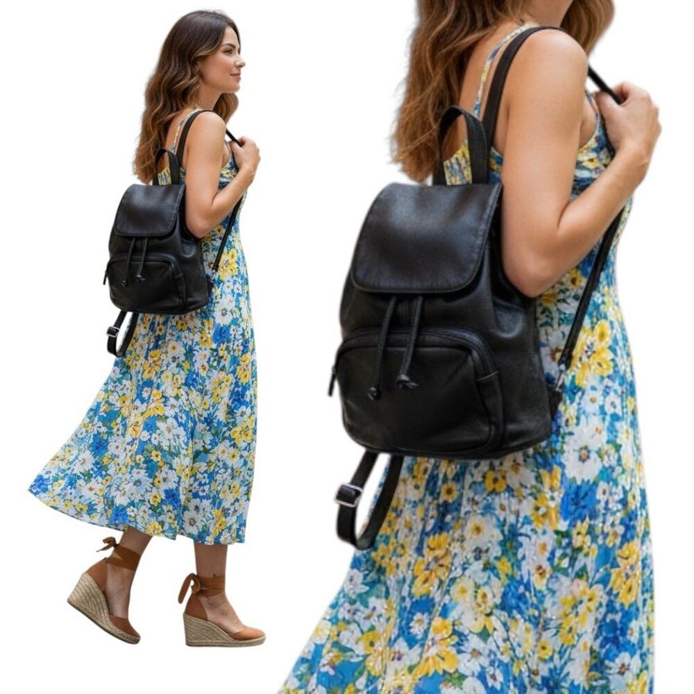 Kenneth Cole Black Leather Backpack Vintage‎ Y2K Minimalist Travel Bag
